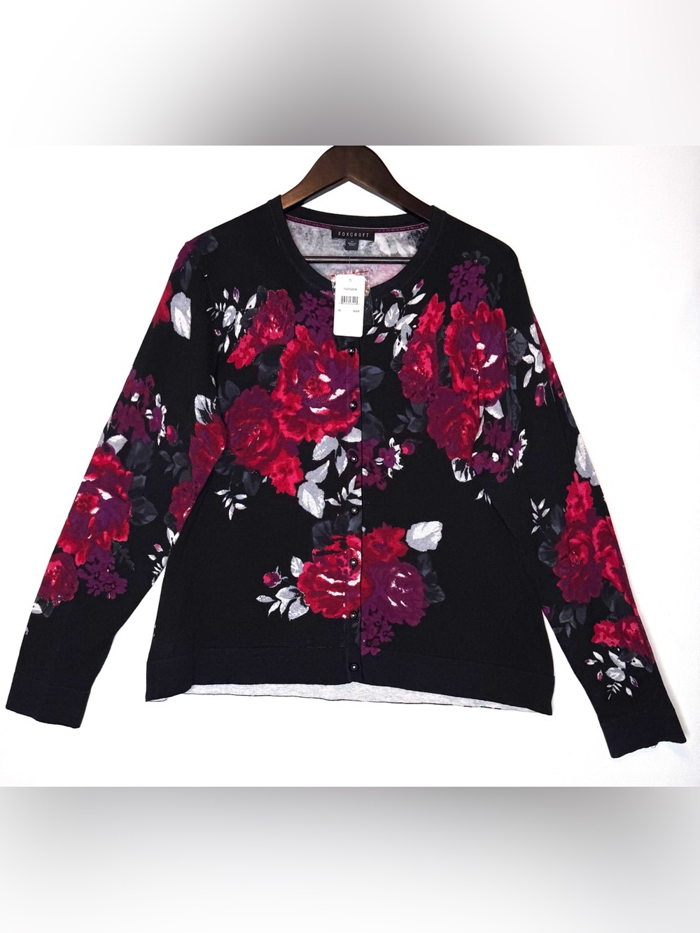 Foxcroft NWT black Pink Floral Cardigan Sweater in size XL jeweled buttons